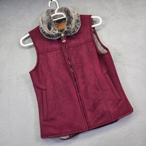Outback Tooled Vest Womens M Burgundy Western Faux Fur Lined Floral Rodeo Rustic